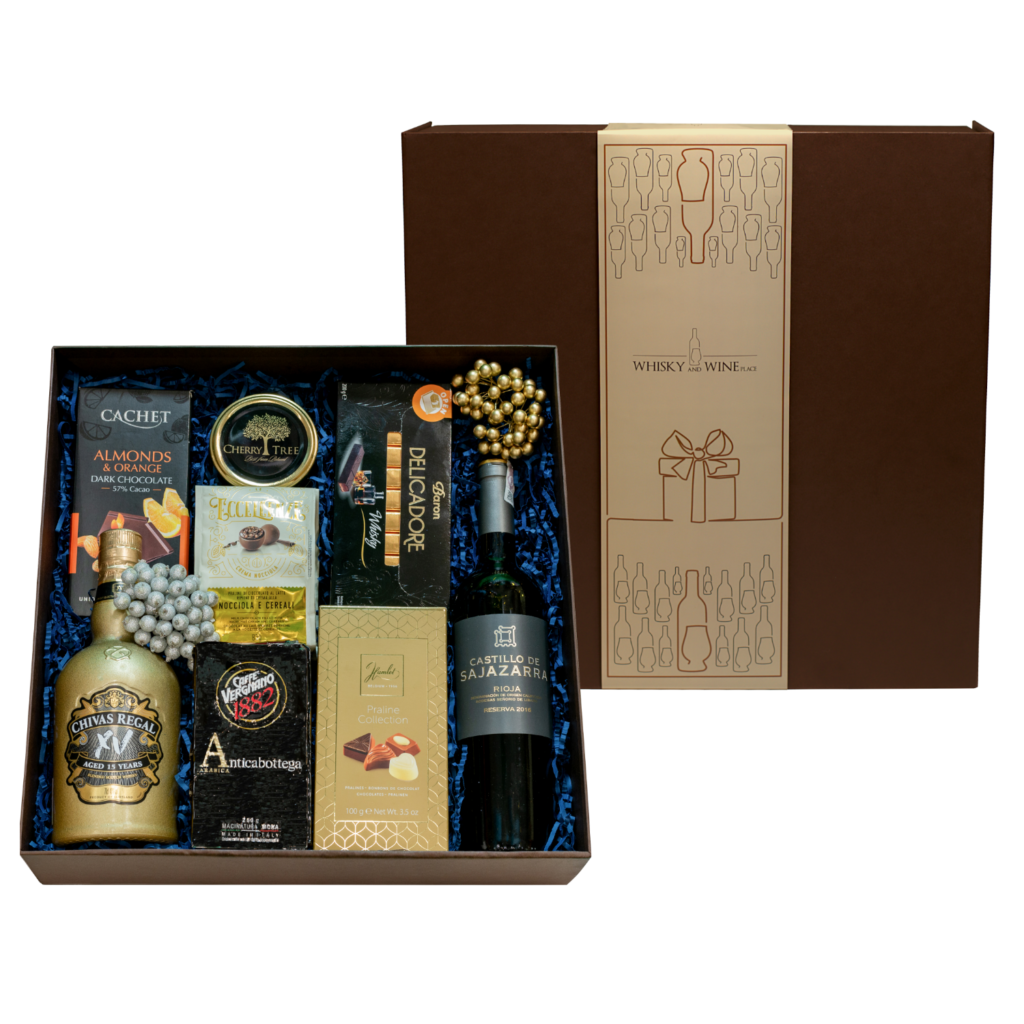 Skarb Pirenejów Zestaw prezentowy z alkoholem Wino Rioja Reserva i Whisky Chivas 15yo